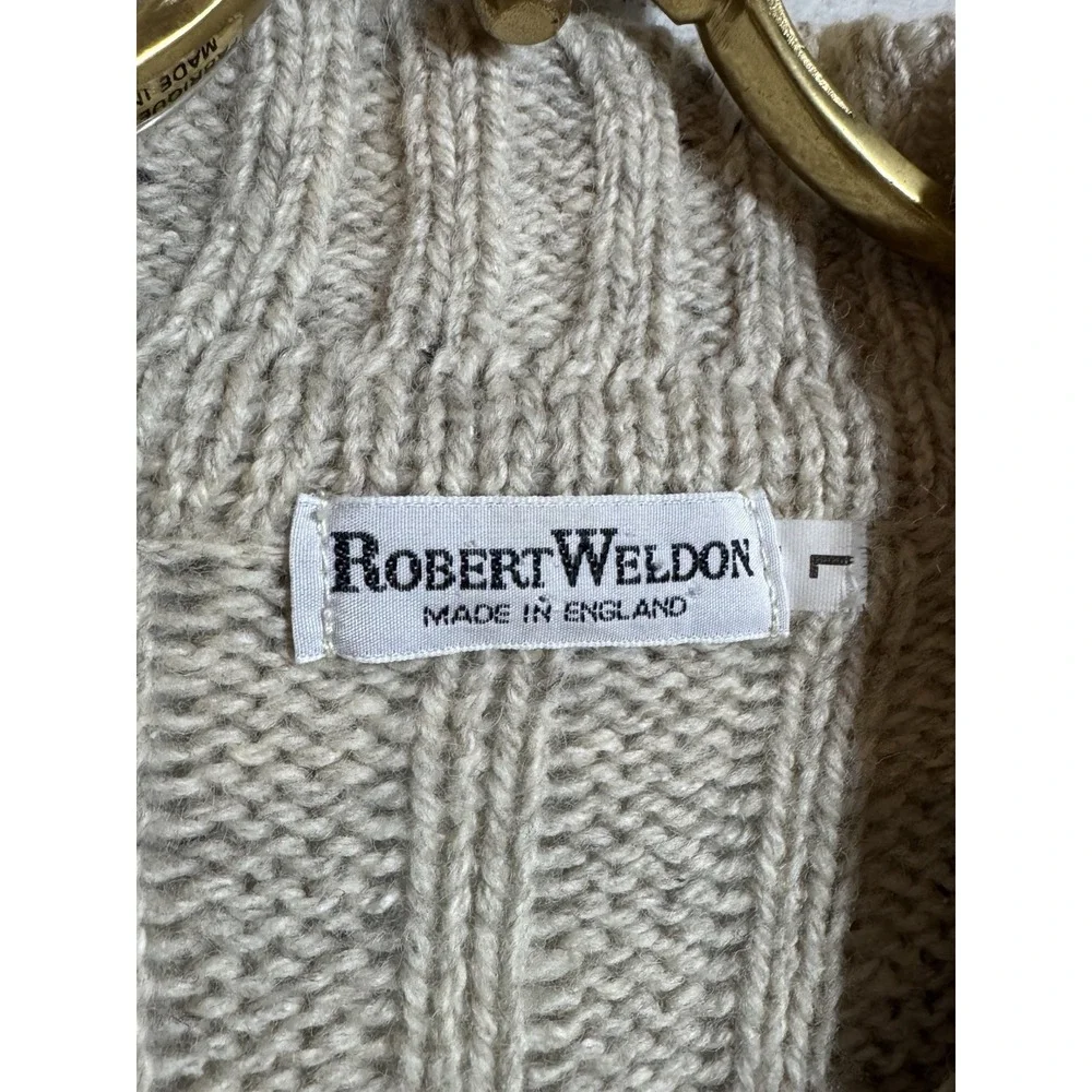 Robert Weldon Oatmeal Moch Neck Sweater ENGLAND Wool Silk Blend Cable Knit Large